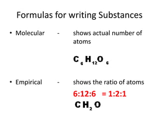 Formulas for writing Substances
• Molecular - shows actual number of
atoms
• Empirical - shows the ratio of atoms
6:12:6 = 1:2:1
 