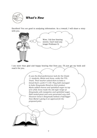 7
What’s New
Excellent! You are good in analyzing information. As a reward, I will share a story
with you.
I am more than glad and happy hearing that from you. I’ll just get my book and
read it for you.
Wow, I do love hearing
stories. Can’t wait any
longer Professor X.
It was the final performance task for the Grade
11 students, Maria and Anna, under the TVL
Track. Their teacher asked them to bake a
bread that’s worth ₱15.00. They both managed
to bake Enzymada Bread as their product.
Maria added cheese and sprinkled sugar on top
of it while Anna made the old style recipe of
Enzymada with margarine and sprinkled sugar.
Both tasted great and were presented very well.
However Anna’s Enzymada looked a half bigger
than Maria’s giving it an approval for the
proposed price.
 