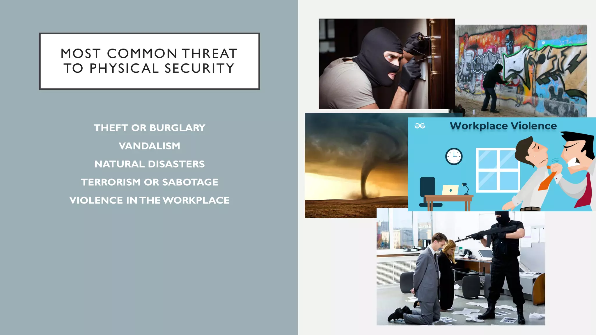 MOST COMMON THREAT
TO PHYSICAL SECURITY
THEFT OR BURGLARY
VANDALISM
NATURAL DISASTERS
TERRORISM OR SABOTAGE
VIOLENCE INTHE WORKPLACE
 