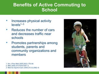Benefits of Active Commuting to
School
• Increases physical activity
levels1–3
• Reduces the number of cars
and decreases traffic near
schools
• Promotes partnerships among
students, parents and
community organizations and
members
1. Am J Prev Med 2005;29(3):179–84.
2. BMJ 2005;331(7524)1061–2.
3. Med Sci Sports Exerc 2005;37(12):2062–9.
 