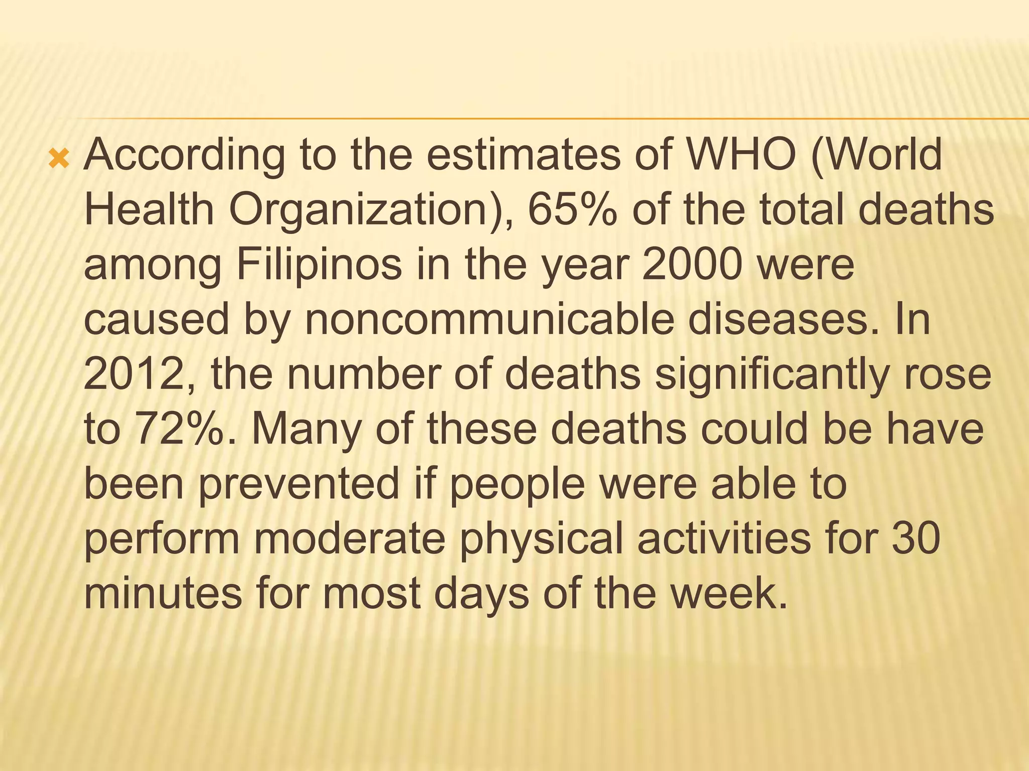  According to the estimates of WHO (World
Health Organization), 65% of the total deaths
among Filipinos in the year 2000 were
caused by noncommunicable diseases. In
2012, the number of deaths significantly rose
to 72%. Many of these deaths could be have
been prevented if people were able to
perform moderate physical activities for 30
minutes for most days of the week.
 
