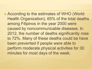  According to the estimates of WHO (World
Health Organization), 65% of the total deaths
among Filipinos in the year 2000 were
caused by noncommunicable diseases. In
2012, the number of deaths significantly rose
to 72%. Many of these deaths could be have
been prevented if people were able to
perform moderate physical activities for 30
minutes for most days of the week.
 