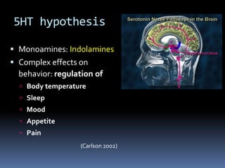 5HT hypothesis

 Monoamines: Indolamines
 Complex effects on
  behavior: regulation of
   Body temperature
   Sleep
   Mood
   Appetite
   Pain
                   (Carlson 2002)
 