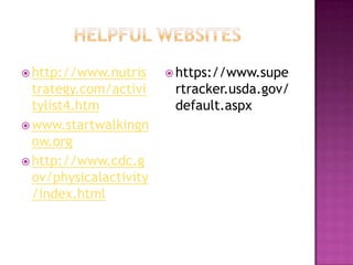  http://www.nutris      https://www.supe
  trategy.com/activi     rtracker.usda.gov/
  tylist4.htm            default.aspx
 www.startwalkingn
  ow.org
 http://www.cdc.g
  ov/physicalactivity
  /index.html
 