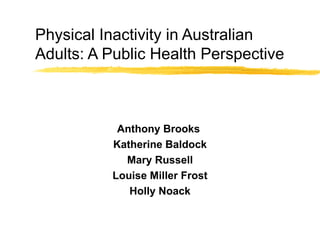Physical Inactivity in Australian Adults: A Public Health Perspective Anthony Brooks  Katherine Baldock Mary Russell Louise Miller Frost Holly Noack 
