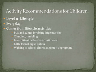  Level 1: Lifestyle
 Every day
 Comes from lifestyle activities
 Play and games involving large muscles
 Climbing, tumbling
 Intermittent rather than continuous
 Little formal organization
 Walking to school, chores at home = appropriate
 