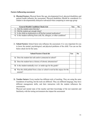 11
Factors Influencing assessment
1) Physical Factors: Physical factor like age, developmental level, physical disabilities and
general health influence the assessment. Physical disabilities Should be considered if a
student is developmentally delayed or advanced when comparing to same-age group
General Health Condition Check List Yes No
1) Had the student eaten that day?
2) Did the student get enough sleep?
3) Is the child on medication or off his/her normal medication?
4) Is the student suffering from cold, flu, allergies, or other condition?
2) School Factors: School factor also influence the assessment. It is very important for you
to know the mental, psychological, and physical problems of the child. You can use the
below check list for the same.
School Factors Check list Yes No
1) Does the student feel safe and/or connected at school?
2) Does the student have a history of chronic absenteeism?
3) Is the student markedly over- or under-age for the grade?
4) Was the child pulled from a class or school event he/she enjoys for the
session?
3) Teacher factors: Every teacher has different style of teaching. They are using the same
foundation of teaching, but the tools are different. They use different language, they have
different management skills, and their interaction with the student influences the
assessments.
Physical and mental state of the teacher and their knowledge of the test materials and
familiarity with the testing environment also impact the assessment
 