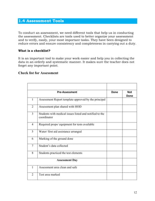 12
1.4 Assessment Tools
To conduct an assessment, we need different tools that help us in conducting
the assessment. Checklists are tools used to better organize your assessment
and to verify, easily, your most important tasks. They have been designed to
reduce errors and ensure consistency and completeness in carrying out a duty.
What is a checklist?
It is an important tool to make your work easier and help you in collecting the
data in an orderly and systematic manner. It makes sure the teacher does not
forget any important point.
Check list for Assessment
Pre-Assessment Done Not
Done
1 Assessment Report template approved by the principal
2 Assessment plan shared with HOD
3 Students with medical issues listed and notified to the
coordinator
4 Required props/ equipment for tests available
5 Water/ first aid assistance arranged
6 Marking of the ground done
7 Student’s data collected
8 Students practiced the test elements
Assessment Day
1 Assessment area clean and safe
2 Test area marked
 