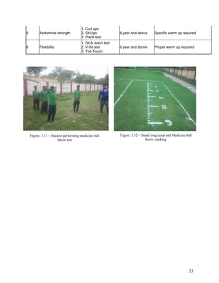 23
5 Abdominal strength
1. Curl ups
2. Sit Ups
3. Plank test
8 year and above Specific warm up required
6 Flexibility
1. Sit & reach test
2. V-Sit test
3. Toe Touch
6 year and above Proper warm up required
Figure: 1.11 – Student performing medicine ball
throw test
Figure: 1.12 – Stand long jump and Medicine ball
throw marking
 