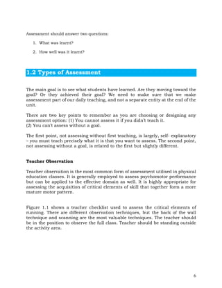 6
Assessment should answer two questions:
1. What was learnt?
2. How well was it learnt?
1.2 Types of Assessment
The main goal is to see what students have learned. Are they moving toward the
goal? Or they achieved their goal? We need to make sure that we make
assessment part of our daily teaching, and not a separate entity at the end of the
unit.
There are two key points to remember as you are choosing or designing any
assessment option: (1) You cannot assess it if you didn’t teach it.
(2) You can’t assess without a goal.
The first point, not assessing without first teaching, is largely, self- explanatory
– you must teach precisely what it is that you want to assess. The second point,
not assessing without a goal, is related to the first but slightly different.
Teacher Observation
Teacher observation is the most common form of assessment utilised in physical
education classes. It is generally employed to assess psychomotor performance
but can be applied to the effective domain as well. It is highly appropriate for
assessing the acquisition of critical elements of skill that together form a more
mature motor pattern.
Figure 1.1 shows a teacher checklist used to assess the critical elements of
running. There are different observation techniques, but the back of the wall
technique and scanning are the most valuable techniques. The teacher should
be in the position to observe the full class. Teacher should be standing outside
the activity area.
 