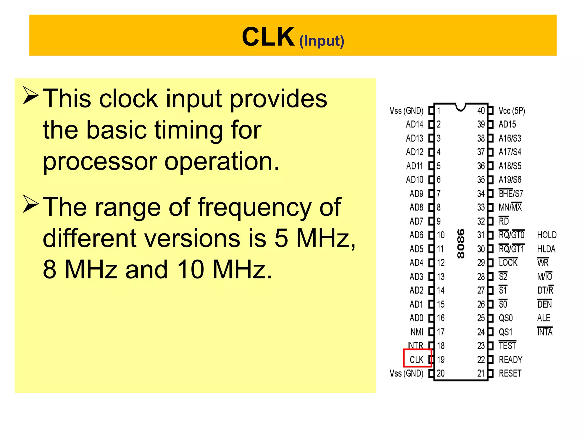 CLK (Input)
This clock input provides
the basic timing for
processor operation.
The range of frequency of
different versions is 5 MHz,
8 MHz and 10 MHz.
 