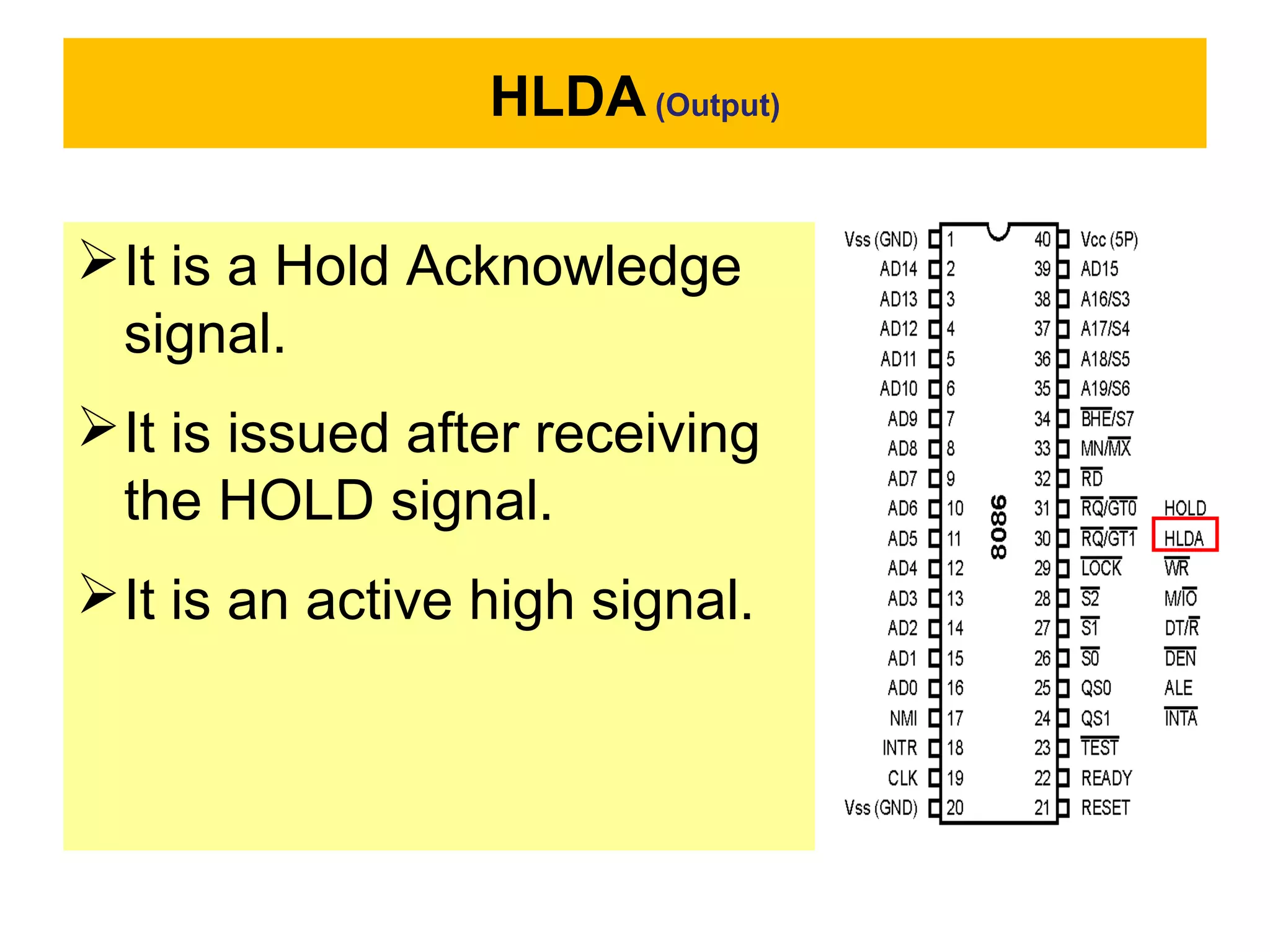 HLDA (Output)
It is a Hold Acknowledge
signal.
It is issued after receiving
the HOLD signal.
It is an active high signal.
 