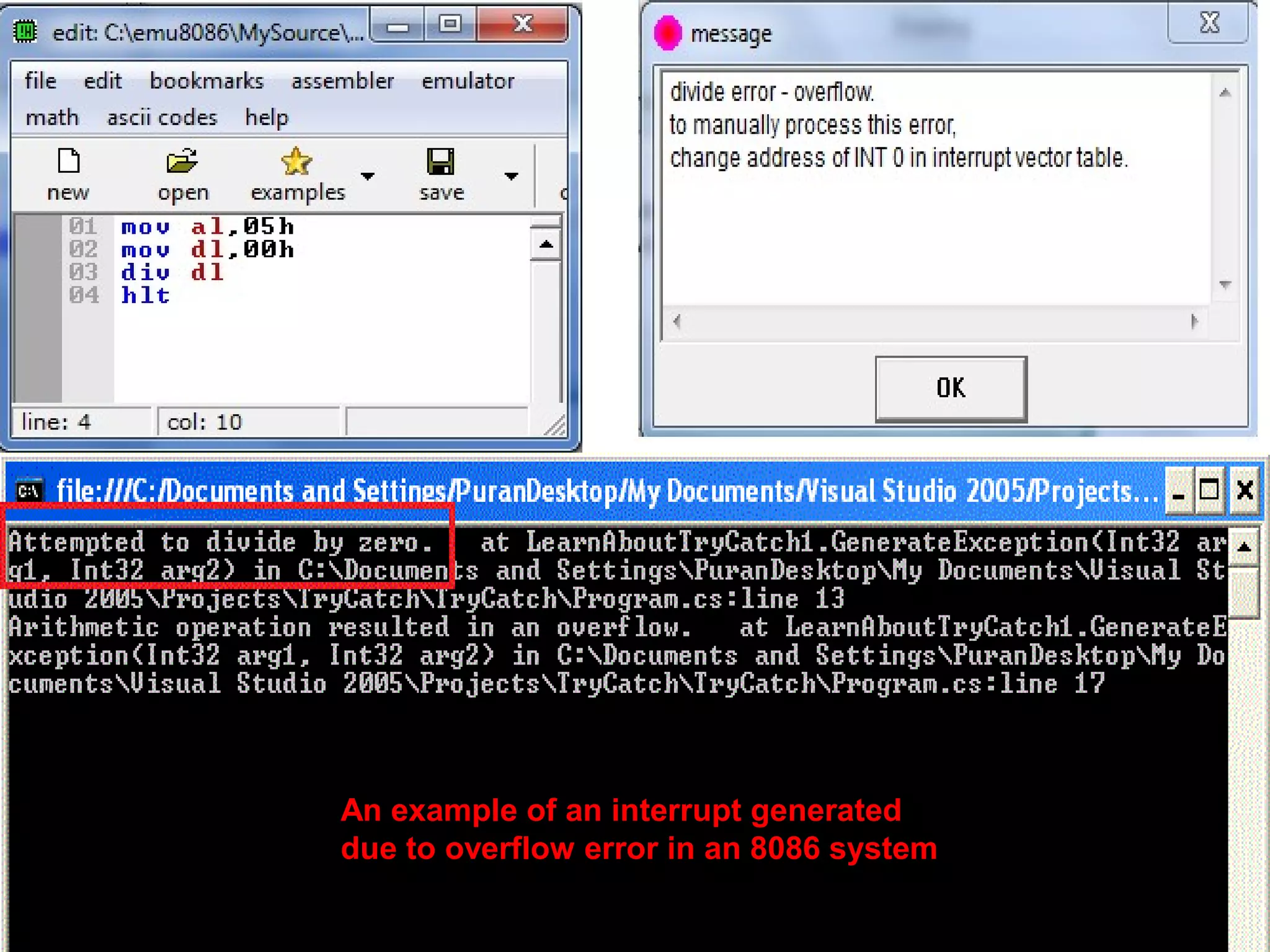 An example of an interrupt generated
due to overflow error in an 8086 system
 