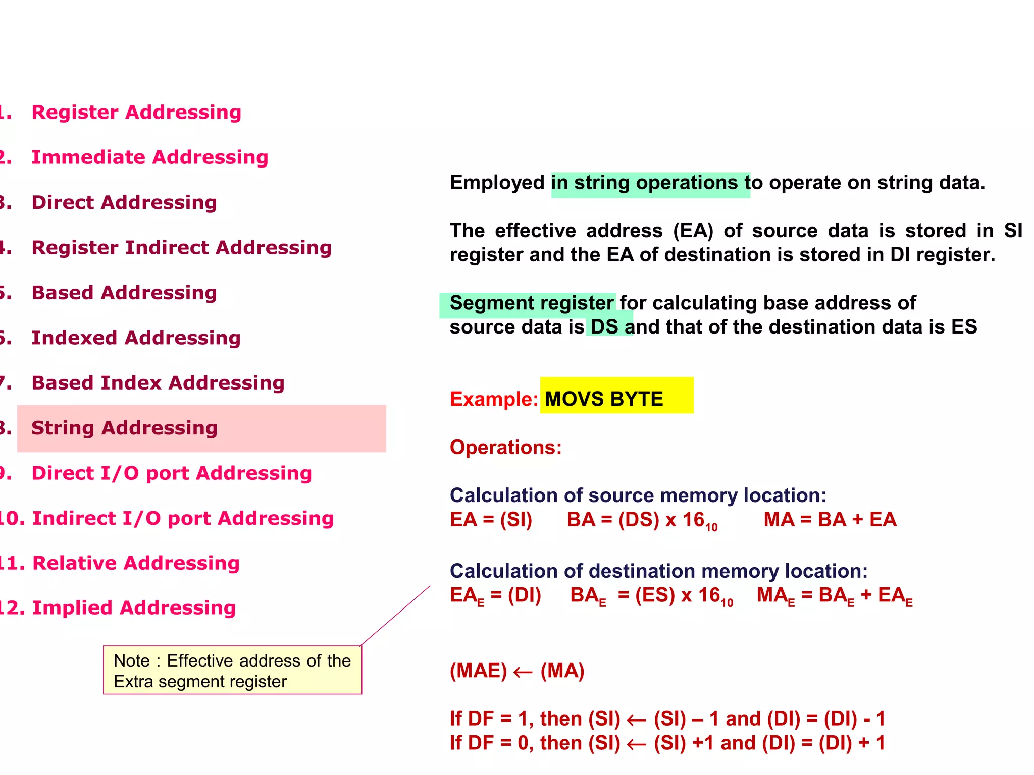 1. Register Addressing
2. Immediate Addressing
3. Direct Addressing
4. Register Indirect Addressing
5. Based Addressing
6. Indexed Addressing
7. Based Index Addressing
8. String Addressing
9. Direct I/O port Addressing
10. Indirect I/O port Addressing
11. Relative Addressing
12. Implied Addressing
Employed in string operations to operate on string data.
The effective address (EA) of source data is stored in SI
register and the EA of destination is stored in DI register.
Segment register for calculating base address of
source data is DS and that of the destination data is ES
Example: MOVS BYTE
Operations:
Calculation of source memory location:
EA = (SI) BA = (DS) x 1610 MA = BA + EA
Calculation of destination memory location:
EAE = (DI) BAE = (ES) x 1610 MAE = BAE + EAE
(MAE) ← (MA)
If DF = 1, then (SI) ← (SI) – 1 and (DI) = (DI) - 1
If DF = 0, then (SI) ← (SI) +1 and (DI) = (DI) + 1
Note : Effective address of the
Extra segment register
 