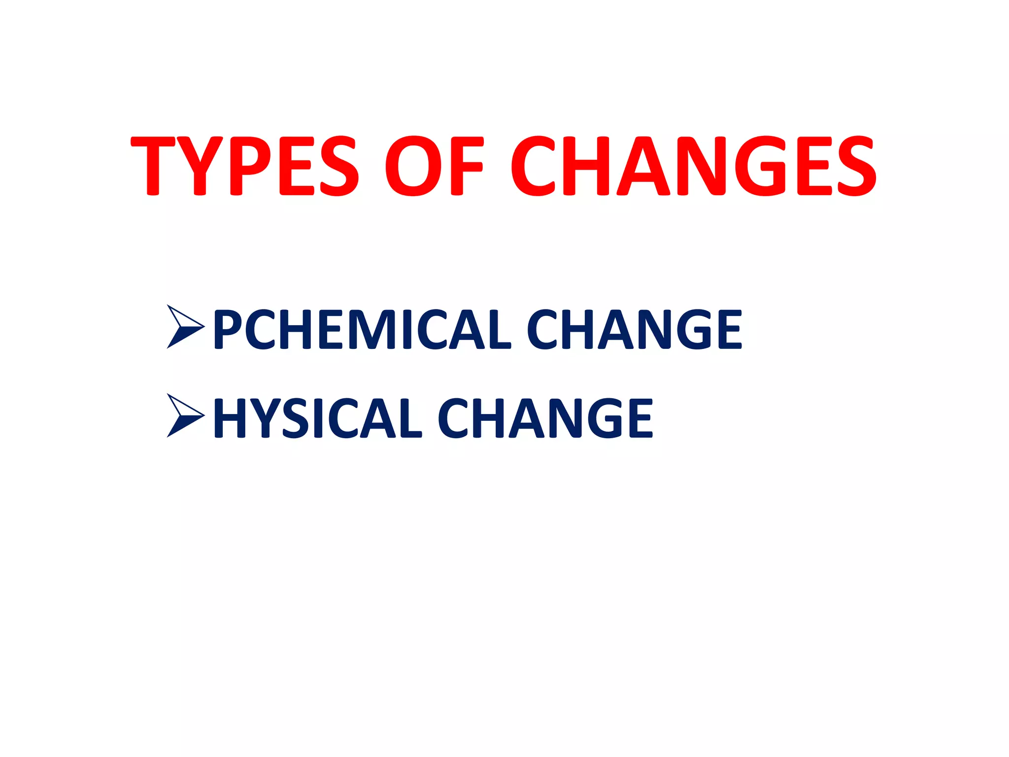 TYPES OF CHANGES
PCHEMICAL CHANGE
HYSICAL CHANGE
 