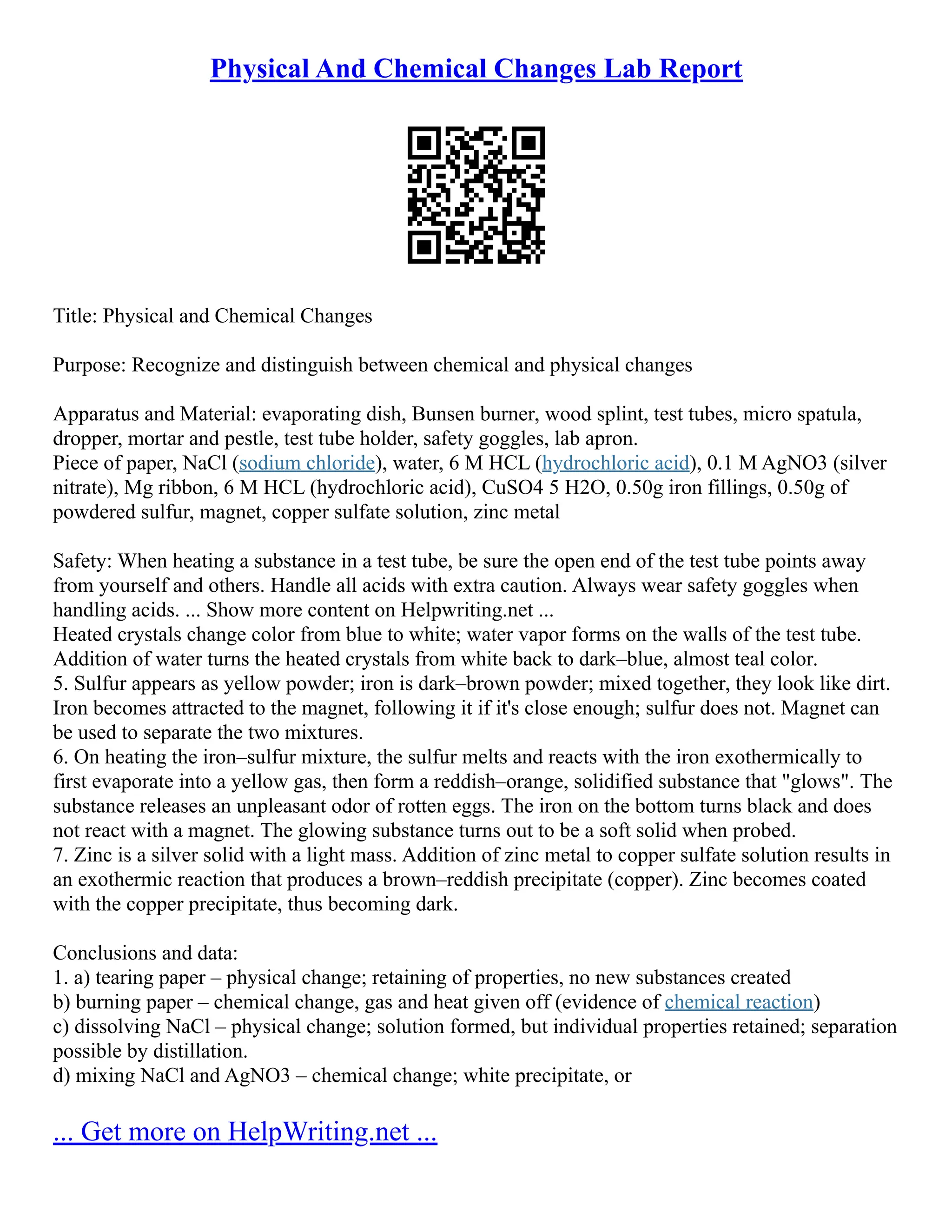 Physical And Chemical Changes Lab Report PDF