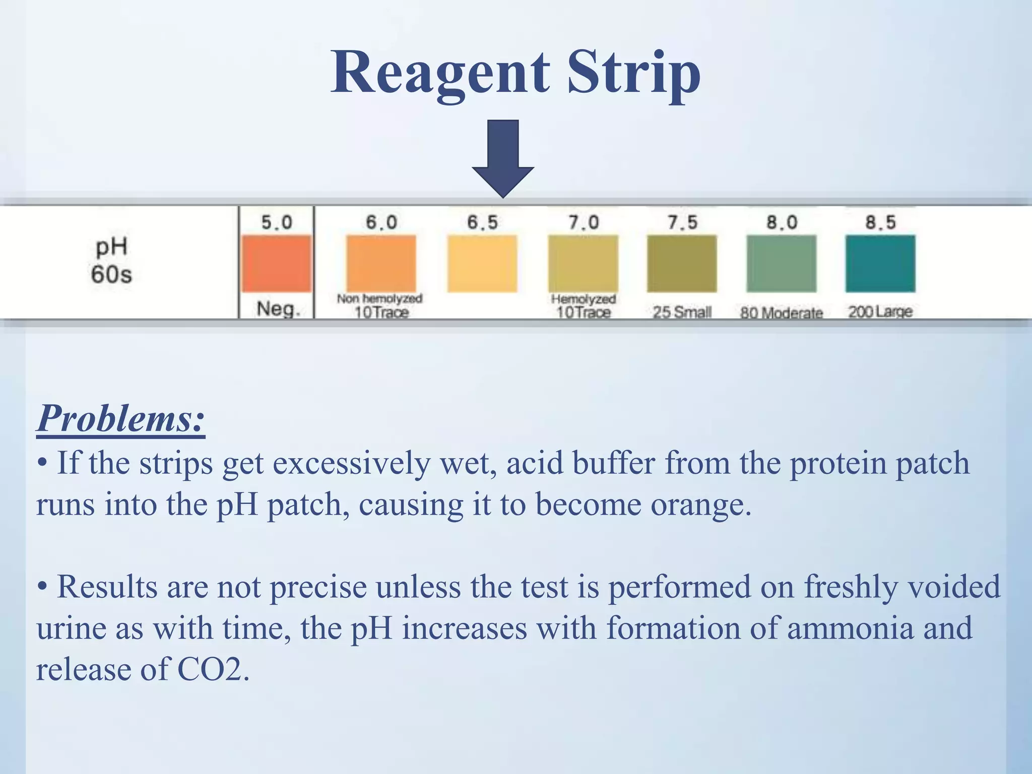 Problems:
• If the strips get excessively wet, acid buffer from the protein patch
runs into the pH patch, causing it to become orange.
• Results are not precise unless the test is performed on freshly voided
urine as with time, the pH increases with formation of ammonia and
release of CO2.
Reagent Strip
 