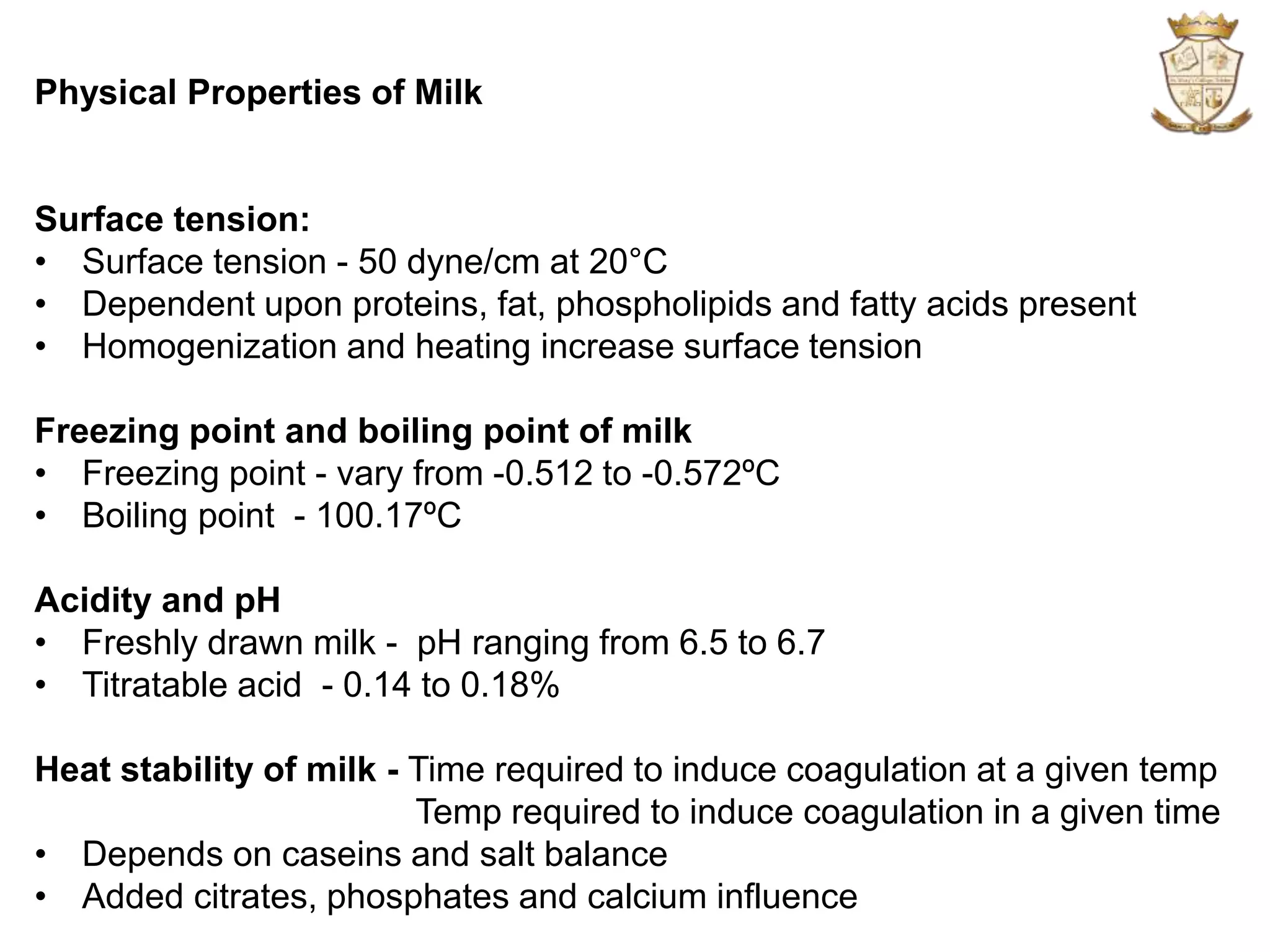 Physical and chemical properties of milk PPT
