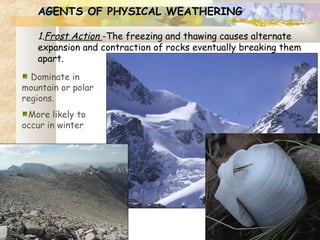 AGENTS OF PHYSICAL WEATHERING
 
1.Frost Action -The freezing and thawing causes alternate
expansion and contraction of rocks eventually breaking them
apart.
 
Dominate in
mountain or polar
regions.
More likely to
occur in winter
 