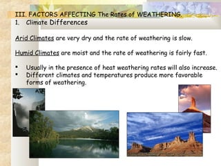 III. FACTORS AFFECTING The Rates of WEATHERING.
1. Climate Differences
Arid Climates are very dry and the rate of weathering is slow.
Humid Climates are moist and the rate of weathering is fairly fast.
 Usually in the presence of heat weathering rates will also increase.
 Different climates and temperatures produce more favorable
forms of weathering.
 