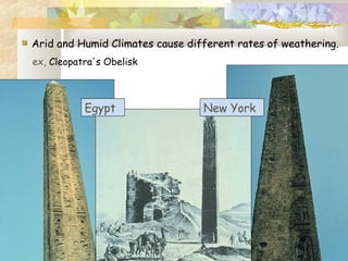 Arid and Humid Climates cause different rates of weathering.
ex, Cleopatra's Obelisk
Egypt New York
 