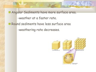 Angular Sediments have more surface area.
-weather at a faster rate.
Round sediments have less surface area
-weathering rate decreases.
 
