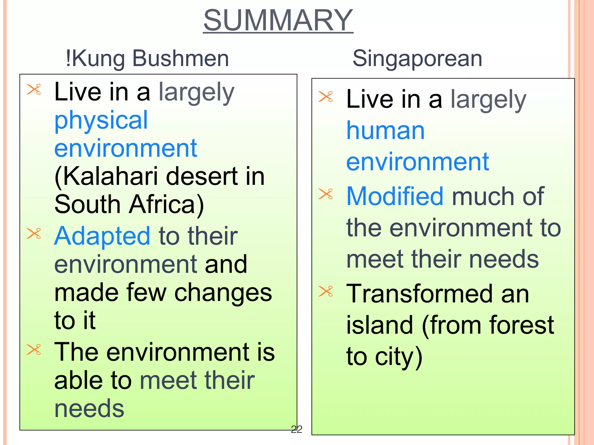 SUMMARY
    !Kung Bushmen                  Singaporean
   Live in a largely             Live in a largely
    physical                       human
    environment
                                   environment
    (Kalahari desert in
                                  Modified much of
    South Africa)
   Adapted to their               the environment to
    environment and                meet their needs
    made few changes              Transformed an
    to it                          island (from forest
   The environment is             to city)
    able to meet their
    needs
                          22
 