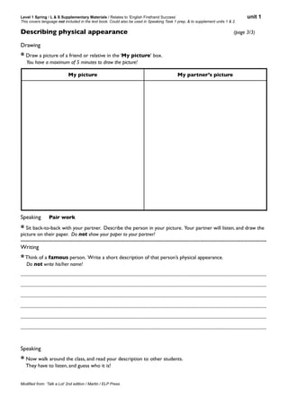 Level 1 Spring / L & S Supplementary Materials / Relates to ‘English Firsthand Success’                                                                                                           unit 1
This covers language not included in the text book. Could also be used in Speaking Task 1 prep, & to supplement units 1 & 2.

Describing physical appearance !                                                                               !       !              !              !              !                 (page 3/3)

Drawing
* Draw a picture of a friend or relative in the ‘My picture’ box.
     You have a maximum of 5 minutes to draw the picture!

                                        My picture                                                                                    My partner’s picture




Speaking                Pair work

* Sit back-to-back with your partner.           Describe the person in your picture. Your partner will listen, and draw the
picture on their paper. Do not show your paper to your partner!
-----------------------------------------------------------------------------------------------------------------------------------------------
Writing
* Think of a famous person. Write a short description of that person’s physical appearance.
     Do not write his/her name!
...................................................................................................................................................................................................................

...................................................................................................................................................................................................................

...................................................................................................................................................................................................................

...................................................................................................................................................................................................................

...................................................................................................................................................................................................................

...................................................................................................................................................................................................................



Speaking
* Now walk around the class, and read your description to other students.
    They have to listen, and guess who it is!


Modified from: ‘Talk a Lot’ 2nd edition / Martin / ELP Press
 