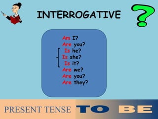 INTERROGATIVE
Am I?
Are you?
Is he?
Is she?
Is it?
Are we?
Are you?
Are they?
PRESENT TENSE
 