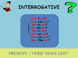 INTERROGATIVE
Have I got?
Have you got?
Has he got?
Has she got?
Has it got?
Have we got?
Have you got?
Have they got?
PRESENT – VERB “HAVE GOT”
 