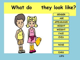 What do they look like?
GENDER
AGE
APPEARANCE
HEIGHT
WEIGHT
FACE
EYES
HAIR
NOSE
EARS
LIPS
Alex
Zoe
 