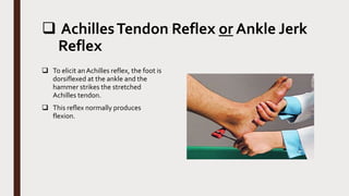  AchillesTendon Reflex or Ankle Jerk
Reflex
 To elicit anAchilles reflex, the foot is
dorsiflexed at the ankle and the
hammer strikes the stretched
Achilles tendon.
 This reflex normally produces
flexion.
 
