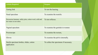Articles Required Purpose
Tuning fork To test the hearing.
Nasal speculum To examine the nostrils.
Percussion hammer, safety pins, cotton wool, cold and
hot water in test tubes
To test reflexes.
Vaginal speculum To examine the genitals in women
Proctoscope To examine the rectum,
Gloves To examine the pelvis internally.
Sterile specimen bottles, slides, cotton
applicators
To collect the specimens if necessary.
 