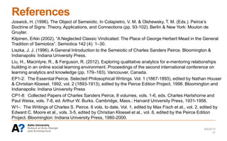 References
Joswick, H. (1996). The Object of Semeiotic. In Colapietro, V. M. & Olshewsky, T. M. (Eds.). Peirce’s
Doctrine of Signs: Theory, Applications, and Connections (pp. 93-102). Berlin & New York: Mouton de
Gruyter.
Kilpinen, Erkki (2002). “A Neglected Classic Vindicated: The Place of George Herbert Mead in the General
Tradition of Semiotics”. Semiotica 142 (4): 1–30.
Liszka, J. J. (1996). A General Introduction to the Semeiotic of Charles Sanders Peirce. Bloomington &
Indianapolis: Indiana University Press.
Liu, H., Macintyre, R., & Ferguson, R. (2012). Exploring qualitative analytics for e-mentoring relationships
building in an online social learning environment. Proceedings of the second international conference on
learning analytics and knowledge (pp. 179–183). Vancouver, Canada.
EP1-2: The Essential Peirce. Selected Philosophical Writings. Vol. 1 (1867-1893), edited by Nathan Houser
& Christian Kloesel, 1992, vol. 2 (1893-1913), edited by the Peirce Edition Project, 1998. Bloomington and
Indianapolis: Indiana University Press
CP1-8: Collected Papers of Charles Sanders Peirce, 8 volumes, vols. 1-6, eds. Charles Hartshorne and
Paul Weiss, vols. 7-8, ed. Arthur W. Burks. Cambridge, Mass.: Harvard University Press, 1931-1958.
W1-: The Writings of Charles S. Peirce. 6 vols. to date. Vol. 1, edited by Max Fisch et at., vol. 2, edited by
Edward C. Moore et al., vols. 3-5, edited by Christian Kloesel et al., vol. 6, edited by the Peirce Edition
Project. Bloomington: Indiana University Press, 1980-2000.
6/6/2014
37
 