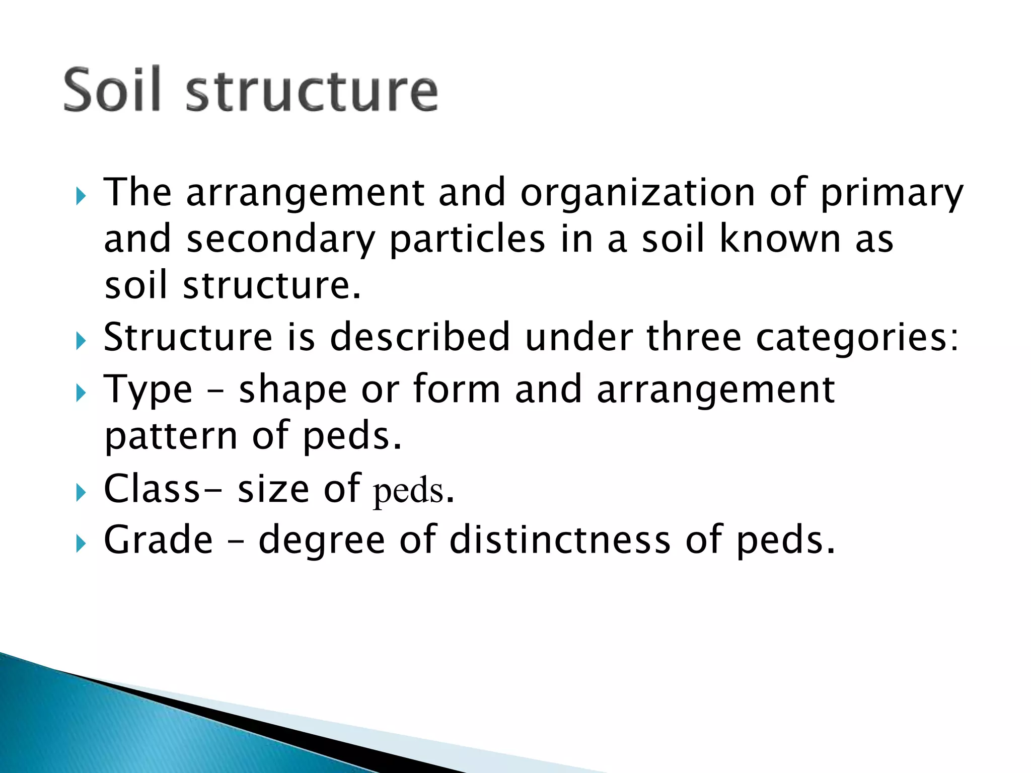  The arrangement and organization of primary
and secondary particles in a soil known as
soil structure.
 Structure is described under three categories:
 Type – shape or form and arrangement
pattern of peds.
 Class- size of peds.
 Grade – degree of distinctness of peds.
 
