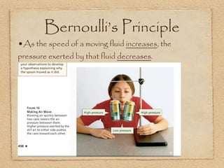 Bernoulli’s Principle
•As the speed of a moving fluid increases, the
pressure exerted by that fluid decreases.
 