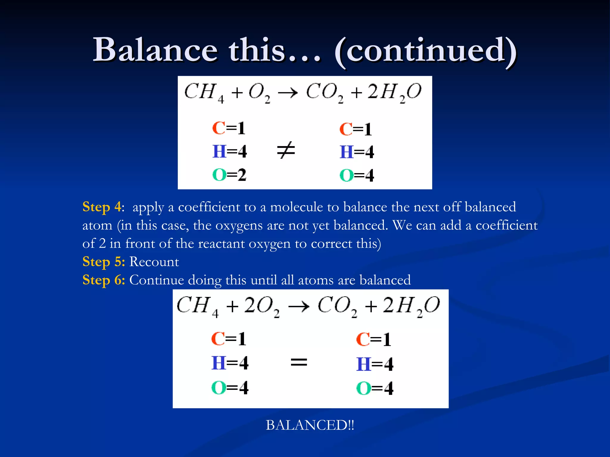 Balance this… (continued) Step 4 :  apply a coefficient to a molecule to balance the next off balanced atom (in this case, the oxygens are not yet balanced. We can add a coefficient of 2 in front of the reactant oxygen to correct this) Step 5:  Recount Step 6:  Continue doing this until all atoms are balanced BALANCED!! 