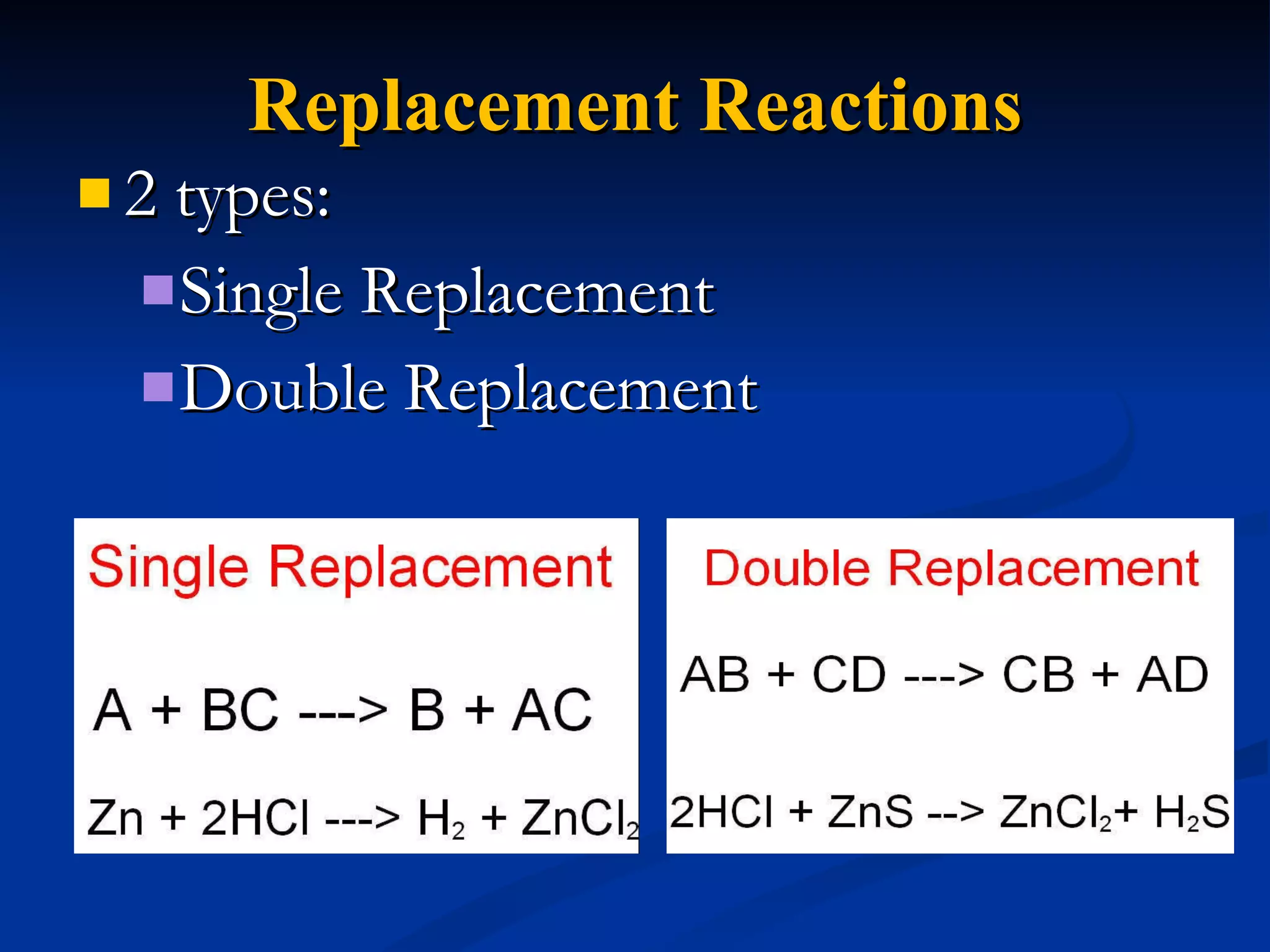 Replacement  Reactions 2 types:  Single Replacement  Double Replacement 