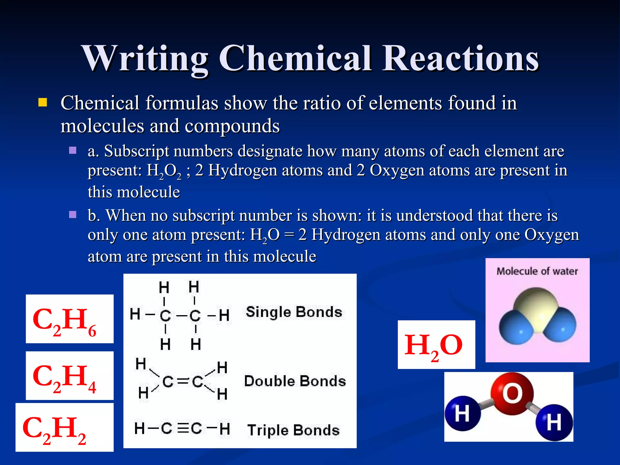 Writing Chemical Reactions Chemical formulas show the ratio of elements found in molecules and compounds a.  Subscript  numbers designate how many atoms of each element are present: H 2 O 2  ; 2 Hydrogen atoms and 2 Oxygen atoms are present in this molecule b. When no subscript number is shown: it is understood that there is only one atom present: H 2 O = 2 Hydrogen atoms and only one Oxygen atom are present in this molecule C 2 H 6 C 2 H 4 C 2 H 2 H 2 O 
