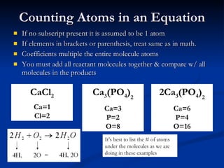 Counting Atoms in an Equation If no subscript present it is assumed to be 1 atom If elements in brackets or parenthesis, treat same as in math. Coefficients multiple the entire molecule atoms You must add all reactant molecules together & compare w/ all molecules in the products  Ca 3 (PO 4 ) 2 Ca=3 P=2 O=8 2Ca 3 (PO 4 ) 2 Ca=6 P=4 O=16 CaCl 2 Ca=1 Cl=2 It’s best to list the # of atoms under the molecules as we are doing in these examples 