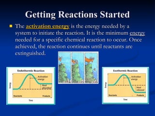 Getting Reactions Started The  activation energy   is the energy needed by a system to initiate the reaction. It is the minimum  energy  needed for a specific chemical reaction to occur. Once achieved, the reaction continues until reactants are extinguished. 