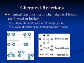 Chemical Reactions Chemical reactions occur when chemical bonds are formed or broken 2. Strong chemical bonds resist change: glass 3. Weak chemical bonds breakdown easily: wood 