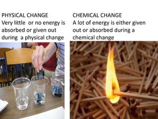 PHYSICAL CHANGE
Very little or no energy is
absorbed or given out
during a physical change
CHEMICAL CHANGE
A lot of energy is either given
out or absorbed during a
chemical change
 