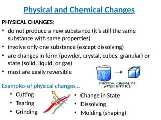 Physical and Chemical Changes
PHYSICAL CHANGES:
• do not produce a new substance (it’s still the same
substance with same properties)
• involve only one substance (except dissolving)
• are changes in form (powder, crystal, cubes, granular) or
state (solid, liquid, or gas)
• most are easily reversible
Examples of physical changes…
• Cutting
• Tearing
• Grinding
• Change in State
• Dissolving
• Molding (shaping)
 