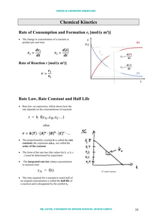 Physical chemistry formulary
Dr. Lauth, University of Applied Sciences, Jülich Campus 24
Chemical Kinetics
Rate of Consumption and Formation ri [mol/(s m³)]
 The change in concentration of a reactant or
product per unit time
[ ]
Rate of Reaction r [mol/(s m³)]
Rate Law, Rate Constant and Half Life
 Rate law: an expression, which shows how the
rate depends on the concentrations of reactants
r = k f(c ,c ,c ...)A B C
often
( ) [ ] [ ] [ ]
 The proportionality constant k is called the rate
constant; the exponents a,b,c.. are called the
order of the reactant
 The form of the rate law (the values for k, a, b, c
...) must be determined by experiment
 The integrated rate law relates concentration
to reaction time:
cA = f(t)
 The time required for a reactant to reach half of
its original concentration is called the half life of
a reaction and is designated by the symbol t½
0st
order reaction
 