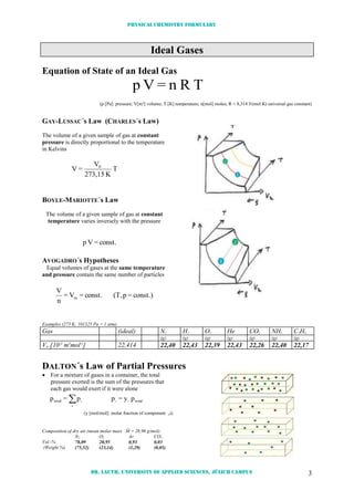 Physical chemistry formulary
Dr. Lauth, University of Applied Sciences, Jülich Campus 3
Ideal Gases
Equation of State of an Ideal Gas
TRn=Vp
(p [Pa]: pressure; V[m³] volume; T [K] temperature; n[mol] moles; R = 8,314 J/(mol K) universal gas constant)
GAY-LUSSAC´s Law (CHARLES´s Law)
The volume of a given sample of gas at constant
pressure is directly proportional to the temperature
in Kelvins
T
K273,15
V
=V 0
BOYLE-MARIOTTE´s Law
The volume of a given sample of gas at constant
temperature varies inversely with the pressure
AVOGADRO´s Hypotheses
Equal volumes of gases at the same temperature
and pressure contain the same number of particles
Examples (273 K; 101325 Pa = 1 atm):
Gas (ideal) N2 H2 O2 He CO2 NH3 C2H6
(g) (g) (g) (g) (g) (g) (g)
Vm [10-3
m3
mol-1
] 22,414 22,40 22,43 22,39 22,43 22,26 22,40 22,17
DALTON´s Law of Partial Pressures
 For a mixture of gases in a container, the total
pressure exerted is the sum of the pressures that
each gas would exert if it were alone
py=pp=p total
i
total iii
(y [mol/mol]: molar fraction of component „i)
Composition of dry air (mean molar mass M = 28,96 g/mol):
N2 O2 Ar CO2
Vol.-%
(Weight %)
78,09
(75,52)
20,95
(23,14)
0,93
(1,29)
0,03
(0,05)
const.=Vp
const.)=p(T,const.=V=
n
V
m
 