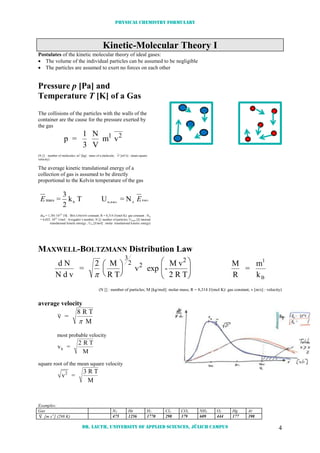 Physical chemistry formulary
Dr. Lauth, University of Applied Sciences, Jülich Campus 4
Kinetic-Molecular Theory I
Postulates of the kinetic molecular theory of ideal gases:
 The volume of the individual particles can be assumed to be negligible
 The particles are assumed to exert no forces on each other
Pressure p [Pa] and
Temperature T [K] of a Gas
The collisions of the particles with the walls of the
container are the cause for the pressure exerted by
the gas
p =
1
3
N
V
m v1 2
(N [] : number of molecules; m1
[kg] : mass of a molecule; v² [m²/s] : mean-square
velocity)
The average kinetic translational energy of a
collection of gas is assumed to be directly
proportional to the Kelvin temperature of the gas
trans
Atransm,B
N=UTk
2
3
=trans EE
(kB = 1,38110-23
J/K : BOLTZMANN constant; R = 8,314 J/(mol K): gas constant ; NA
= 6,022 1023
1/mol : Avogadro´s number; N []: number of particles; Utrans [J] internal
translational kinetic enrergy ; Um [J/mol] : molar translational kinetic energy)
MAXWELL-BOLTZMANN Distribution Law
d N
N d v
=
2 M
R T
v exp -
M v
2 R T
2
2













3
2 M
R
=
m
k
1
B
(N [] : number of particles; M [kg/mol]: molar mass; R = 8,314 J/(mol K): gas constant; v [m/s] : velocity)
average velocity
v =
8 R T
M
most probable velocity
v =
2 R T
M
h
square root of the mean square velocity
v =
3 R T
M
2
Examples:
Gas N2 He H2 Cl2 CO2 NH3 O2 Hg Ar
v [m s-1
] (298 K) 475 1256 1770 298 379 609 444 177 398
 