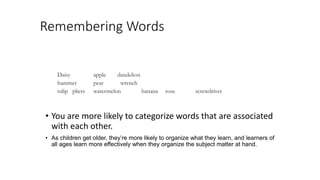 Remembering Words
Daisy apple dandelion
hammer pear wrench
tulip pliers watermelon banana rose screwdriver
• You are more likely to categorize words that are associated
with each other.
• As children get older, they’re more likely to organize what they learn, and learners of
all ages learn more effectively when they organize the subject matter at hand.
 