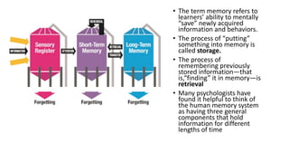• The term memory refers to
learners’ ability to mentally
“save” newly acquired
information and behaviors.
• The process of “putting”
something into memory is
called storage.
• The process of
remembering previously
stored information—that
is,“finding” it in memory—is
retrieval
• Many psychologists have
found it helpful to think of
the human memory system
as having three general
components that hold
information for different
lengths of time
 