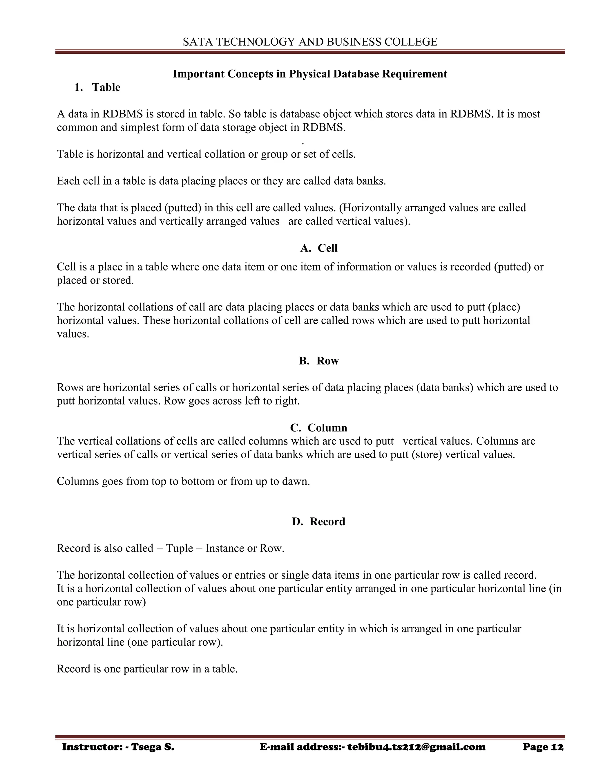 SATA TECHNOLOGY AND BUSINESS COLLEGE
Instructor: - Tsega S. E-mail address:- tebibu4.ts212@gmail.com Page 12
Important Concepts in Physical Database Requirement
1. Table
A data in RDBMS is stored in table. So table is database object which stores data in RDBMS. It is most
common and simplest form of data storage object in RDBMS.
.
Table is horizontal and vertical collation or group or set of cells.
Each cell in a table is data placing places or they are called data banks.
The data that is placed (putted) in this cell are called values. (Horizontally arranged values are called
horizontal values and vertically arranged values are called vertical values).
A. Cell
Cell is a place in a table where one data item or one item of information or values is recorded (putted) or
placed or stored.
The horizontal collations of call are data placing places or data banks which are used to putt (place)
horizontal values. These horizontal collations of cell are called rows which are used to putt horizontal
values.
B. Row
Rows are horizontal series of calls or horizontal series of data placing places (data banks) which are used to
putt horizontal values. Row goes across left to right.
C. Column
The vertical collations of cells are called columns which are used to putt vertical values. Columns are
vertical series of calls or vertical series of data banks which are used to putt (store) vertical values.
Columns goes from top to bottom or from up to dawn.
D. Record
Record is also called = Tuple = Instance or Row.
The horizontal collection of values or entries or single data items in one particular row is called record.
It is a horizontal collection of values about one particular entity arranged in one particular horizontal line (in
one particular row)
It is horizontal collection of values about one particular entity in which is arranged in one particular
horizontal line (one particular row).
Record is one particular row in a table.
 